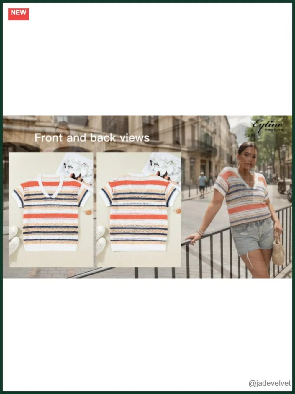 Plus Size Striped V Neck Short Sleeve Hollow Out Crochet Knit Sweater Cover Up